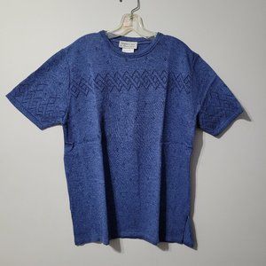 Vintage crochet knit short sleeve pullover sweater, royal blue, L and XL